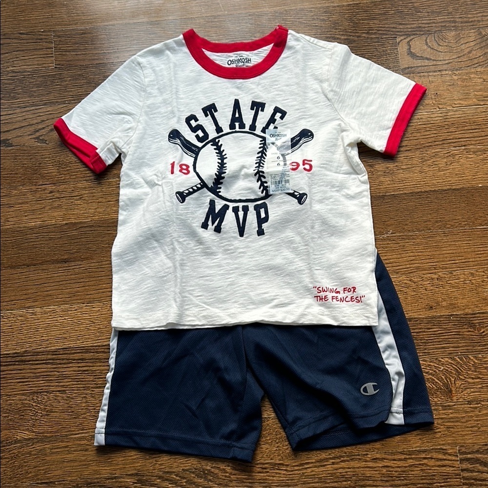 OshKosh B'gosh White and Red Baseball MVP Tee and champion athletic shorts